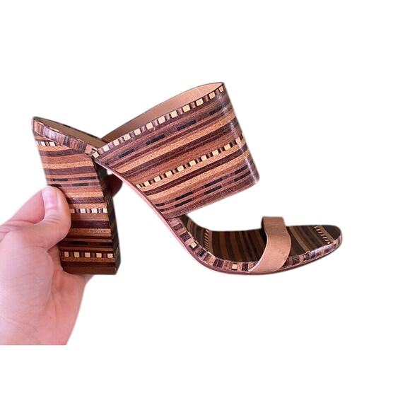 Vince Camuto Brown & Beige Becca Heel Slip On Leather Sandals Size 9 Wood tone - Picture 6 of 12